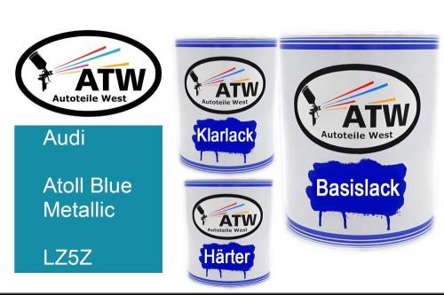 Audi, Atoll Blue Metallic, LZ5Z: 1L Lackdose + 1L Klarlack + 500ml Härter - Set, von ATW Autoteile West.